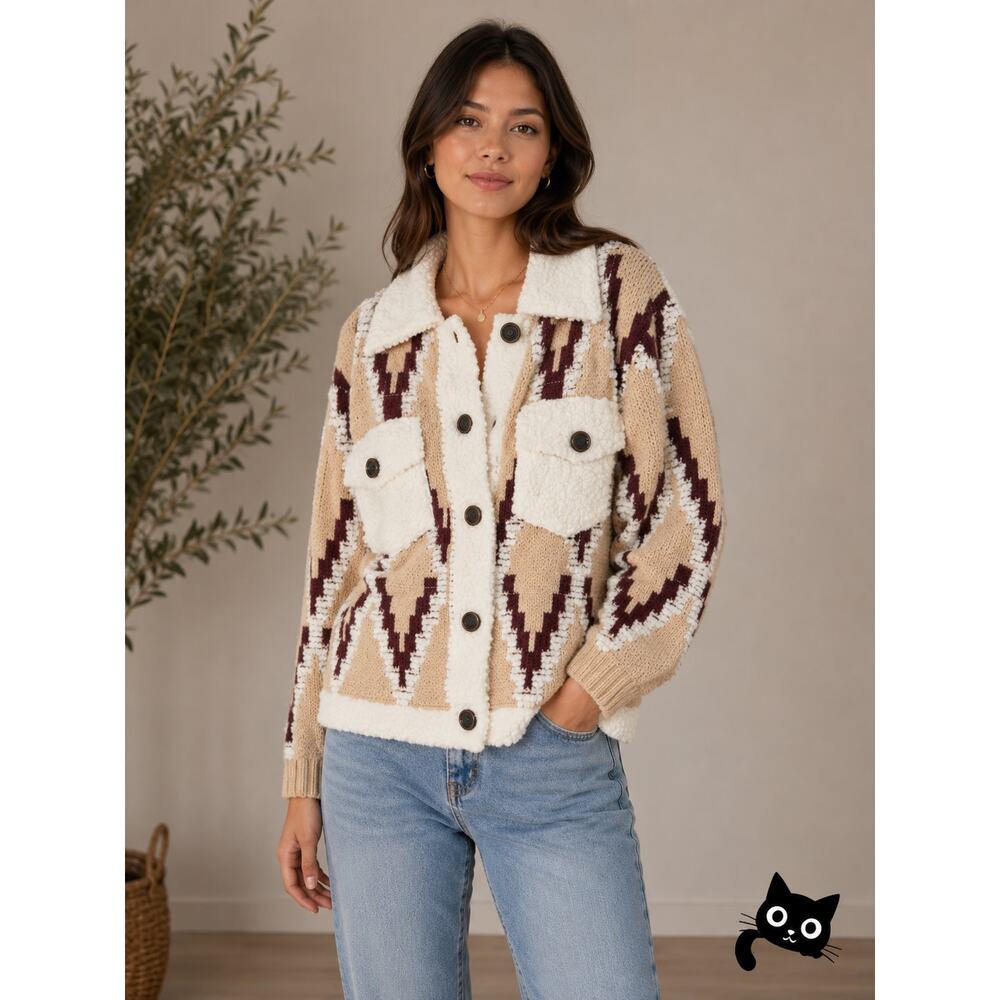 a. peach Tan Ivory Burgundy Southwest Print Button Collared Sweater Jacket S - Picture 3 of 13